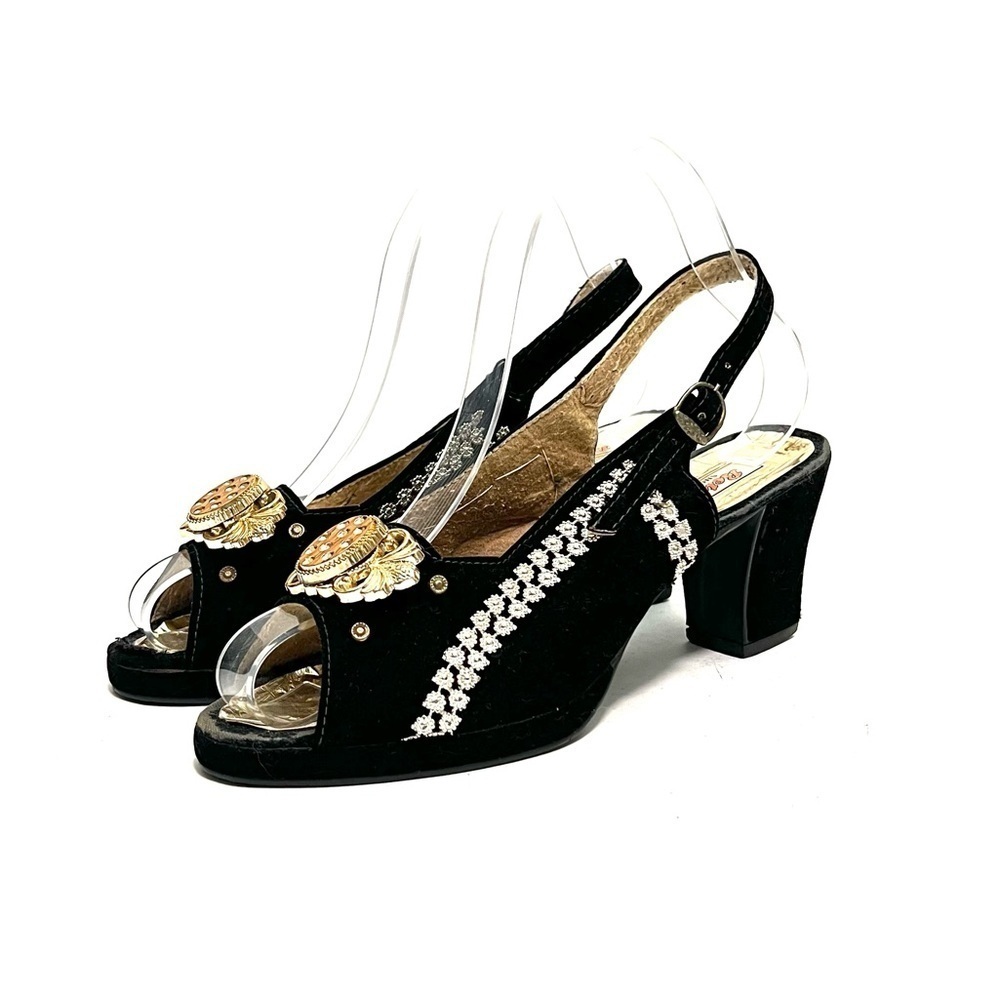 Vintage 1950s black velvet gold maximalist embellished open toe slingback heels - Picture 6 of 8